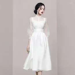 Casual Dresses 2023 Spring Temperament Cheongsam Stand Collar Long Dress Elegant Office Ladies Lantern Sleeve Women Clothing S-XXXL