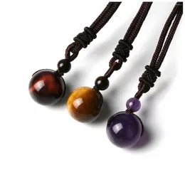 Strand Natural 16mm Tiger Eye Stone Pärlor Pendant Halsband för kvinnor Män äkta runda ädelstenhalsband Ropkedja Lucky Jewelry