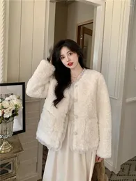 Women's Fur Real Po Japanese Girls Winter Fashion Faux Coat Long Sleeves Single Breast Thick Warm Big Pockets Lace Trim Women Coats