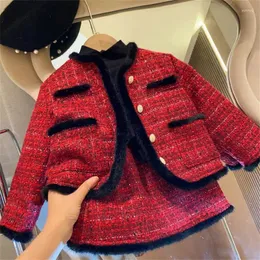 Set di abbigliamento Ragazze Tweed Inverno Neonata Moda Rosso Vintage Giacca imbottita Cappotto Gonna Set 2 pezzi Abito da principessa 2-8 anni