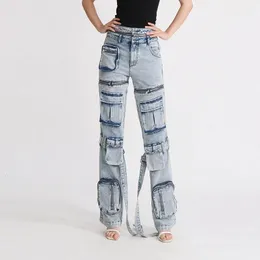 Женские джинсы Осенние джинсовые брюки с высокой талией для женщин Мода Персонализированный дизайн Sense Splice Джинсы на молнии Брюки-карго Y2k Streetwear 231102