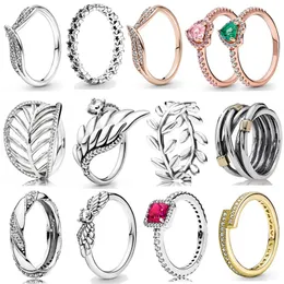 925 Silver Women Fit Pandora Ring Original Heart Crown Fashion Rings Elevated Heart Eternity Entwined Rope Bands Asymmetric Stars Leaves