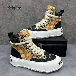 Men's Retro Ripped Canvas Shoes Sneakers Thick-Sole High-Top Boots Lace Up All-Match Yellow Black Mixed Colors Fashion Sports