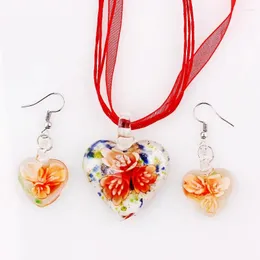 Necklace Earrings Set QBEI Wholesale 6Sets Murano Lampwork Glass Heart Flower Pendant Beauty Charm Necklaces For Women Gift Jewelry