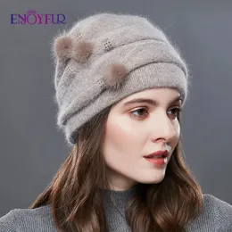 Beanie/Schädelkappen ENJOYFUR Frauen Winter Kaschmir Gestrickte Hüte Natürliche Nerz Pompom Streifen Mädchen Motorhaube Mode Warme Weibliche Outdoor Marke Beanies 231102