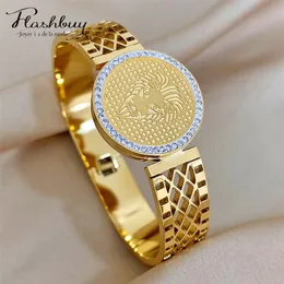 Bangle Flashbuy Chunky Inlaid s Lion Wide Stainless Steel Bangles Bracelets for Women Men Charm Wrist Waterproof Jewelry 231101