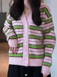 Kvinnors tröjor Kvinnor Singelbröst stripe Cardigan Coat Imitation Mink Velvet Thicken Warm Overcoat Casual tröja Autumn Jacket Women Winter 231102