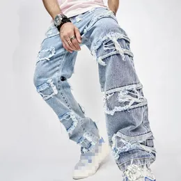 Men's Jeans Black Loose Vintage Ripped Patch Hip Hop Denim Trousers Homme Casual Destroyed Frayed Straight Leg Streetwear