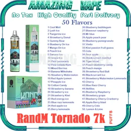 Original RandM Tornado 7000 Puff Descartável Vape Pen Cigarros Eletrônicos 14ml Pod Mesh Bobina 6 Cores Brilhantes Dispositivo Recarregável Ajustável a Ar Puff 7k