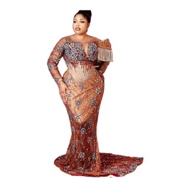 2023 Árabe Aso Ebi Chocolate Sereia Vestido de Baile Frisado Vestidos de Noite Lantejoulas Lace Aniversário Noivado Segundo Vestido Vestido Mulheres Formal Wear WD015