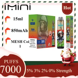 원래 Imini Tornado 7000 퍼프 가처분기 vape 펜 7K 전자 담배 15ml 포드 메쉬 코일 6 빛나는 색상 충전식 공기 조정 가능 0% 2% 3% 5% Bar Instock