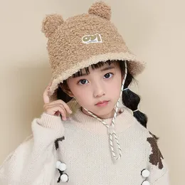 모자 모자 겨울 어린이 버킷 모자 곰 귀 양고기 양모 아기 여자 소년 어부 모자 단색 아이 야외 두껍게 따뜻한 태양 모자 231101