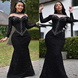 Off Shoulder Aso Ebi Prom Dresses Plus Size Black African High Neck Beaded Sequined Pleated Draped Mermaid Evening Dress Second Reception Party Gowns Long Sleeves