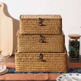 Storage Baskets Rectangular Storage Baskets with Lid Woven Handmade Laundry Basket Home Storage Box with Lid Sundries Panier Rangement 230331