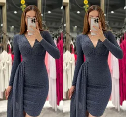 Africano sexy bainha vestidos de festa de cocktail para mulheres profundo decote em v mangas compridas lantejoulas acima do joelho meninas vestidos de baile curto celebridade vestidos de noite