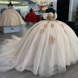 Champagne Uit De Schouder Quinceanera Jurken Tule Applicaties Bloem Kralen Optocht Lace Up Vestidos De 15 Anos Prinses Baljurk