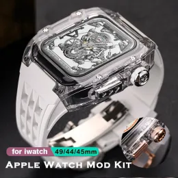 Capa glaciar luxuosa para apple watch ultra 49mm, pulseira de silicone para iwatch série 8 7 6 5 4 se 45mm 44mm kit mod transparente