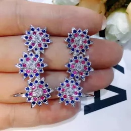 Stud Küpe Boucle D'Oreille Moda Bijoux Pembe ve Mavi Taş 3 Çiçek Şeklinde Kulak Manşet Kadınlar için Brincos Takı