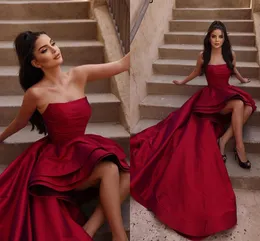 Elegant Red A Line Prom Dresses for Women Strapless Draped Hi-lo Tiered Satin Evening Party Birthday Pageant Gowns Formal Wear Special Occasion Dress