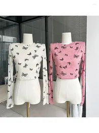 Women's T Shirts harajuku rolig klassisk buffertfly tryck mode t-shirts kvinnor sommar o-hals skörd topp långärmad smala tees y2k amerikan