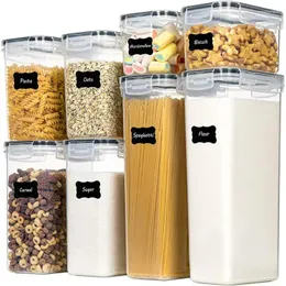 Garrafas de armazenamento recipientes de alimentos conjunto cozinha despensa organização e com tampas de bloqueio fácil 8 peças tampa de frasco de plástico sto