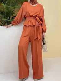 Roupas étnicas Arábia Árabe Abaya Calças 2 Peças Set Djellaba Muçulmano Conjuntos Vestido Elastic Cuff Terno Longo Mulheres Desgaste Modesto EID Musulman