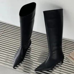 Boots Eilyken Spring Autumn Autumn Cozy مدببة إصبع القدم امرأة الركبة عالية الجودة عالي الجودة الكعوب منخفضة الثياب فستان سيدات الأحذية 231101