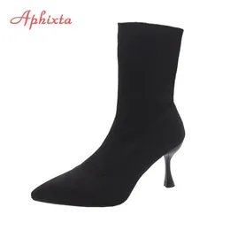 Stivali Aphixta 9cm 7cm 5cm Calzini in tessuto elasticizzato Stivali Donna Scarpe nere Eleganti stivaletti elastici in maglia con punta a punta per donna 231102