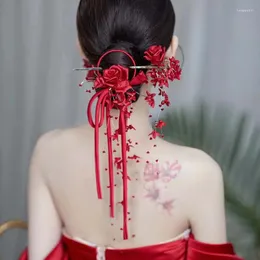 Hårklipp kinesiska klassiska brud bröllop smycken tillbehör röd rosblomma tofs stift kristall huvudstycke smycken