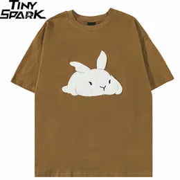 メンズTシャツメンズストリートウェアTシャツハラジュクホワイトウサギ刺繍Tシャツ夏半袖Tシャツヒップホップトップスティーコットンブラウン230403