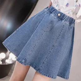 Kjolar jmprs sommar kvinnors denim mini skidåkning stora höga midja koreanska jeans lösa mode a-line blå bomull kvinnors skidåkning s-5xl 230403