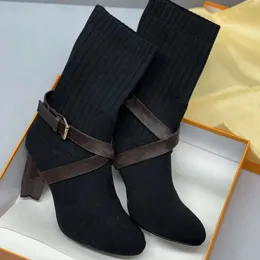 Designer sock Boot Ankle Boots Winter Heel Boots Fabric Sock Bootie Stretch Warn Heel Print Flower Heels Ladies Casual Shoes With Box NO50