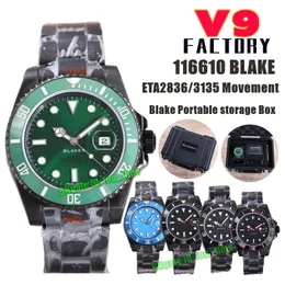 V9 Factory Watches V9F 116610 Blaken 40mm 904l Date Black PVD ETA2836/3135 Aments Mens Watch Green Dial Dcl Black PVD Bracelet Gents Blaken Portable Box