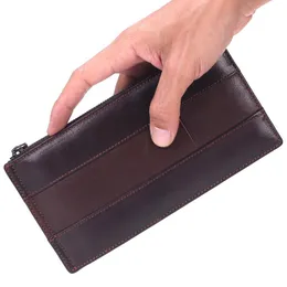 Plånböcker Business Men's äkta läderportfel Male Bags Zipper Multi-kortkort Holder Men Clutch Bag Folding Long Wallet