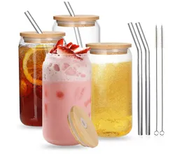 USA CA Warehouse Water Cup Cup With Bamboo Lid Straw Brush 4 Piece Set 16oz Can Ice Coke Cle Clear Frosted Glass Glass