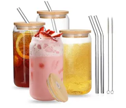 USA CA Warehouse Water with Bamboo Lid Straw Brush 4 Piece Set 16oz Can Ice Coke Cup Clear Frosted Glass 4.23