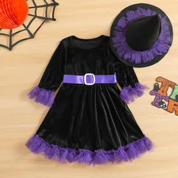 Focus Dancearnorm 1 6y Toddler Kids Girls Halloween Dress 2pcs długi rękaw Contrast Kolor Ruffle Fur Linia z czapką czarownicą 231110