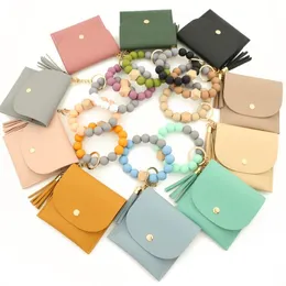 Party Silicone Beads Bracelet Keychain Ring with Wallet for Women Key Chain Bangle with Tassel Keychain Wristlet Strap Card Holder Wholesale FY3455