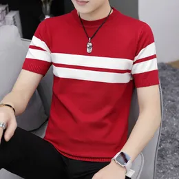 Men's T-Shirts Men's Fashion Stripe Short Sleeve Slim Fit T-shirt Top Autumn Winter Men's Casual O-Neck Knitted Sweater T-shirt B185 230403