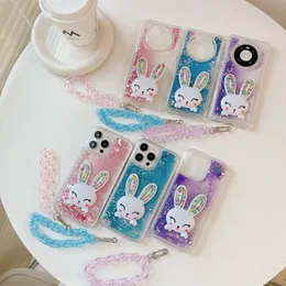 3D Rabbit Quicksand Soft TPU -fall för iPhone 15 14 13 Pro Max 12 11 XR XS X 8 7 6 Liquid Bling Diamond Rhinestone Glitter Söt härlig flytande klart hållare omslagsband