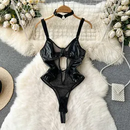 Nxy Women Pu Leather Bodysuit Transparent Lingerie See Through Sensual Playsuits Black Erotic Backless Bodysuits 230328