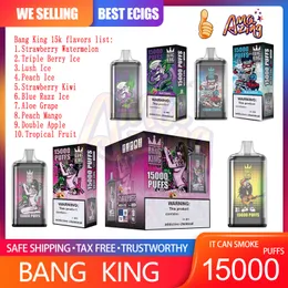 Original Bang King 15000 Puff Disposable Vape Pen 0.8Ohm Mesh Coil 25 ml Förfylld POD 650mAh Uppladdningsbart batteri E Cigarettpuffar 15K 0% 2% 3% 5% 10 smaker Snabb leverans