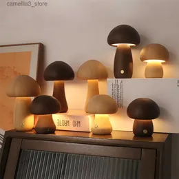 Desk Lamps LED Mushroom Night Light Touch Charging Desk Lamp Wooden Table Lamp For Bedroom Bedside Children's Cute Sleeping Light Q231104