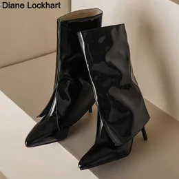 Ny tunn hälspetsade tåstövlar Patentläder Kvinnor Calf Mid Stiletto Boots Female Chelsea Fold Ankel Boot Dropship 230403