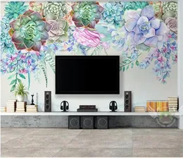 壁紙カスタムファッションシルキー壁紙新鮮な多肉植物水彩スタイル3Dステレオテレビ背景壁紙家の装飾
