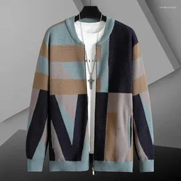 Herrtröjor Autumn Winter Sweater Cardigan Color Match Jacket Slim Zipper Coat With Fleece Thicking 2023 Style