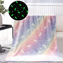 Blankets Glow in Blanket Washable Soft Flannel Luminous Unicorn Warm Throw for Birthday Christmas Thanksgiving Easter Gift 231102