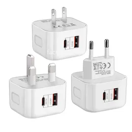 المنافذ المزدوجة من النوع C PD USB-C Charger 20W شحن الجدار الشحن السريع سريع الشحن AC AC Home Travel Adapters for iPhone 12 13 14 SAMSUNG S20 S21 NOTE 20 HTC F1