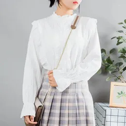 Bluzki damskie koreańskie stojaki na stojak białe koszule dla kobiet urocze marszcze bawełniane bluzka bluzka