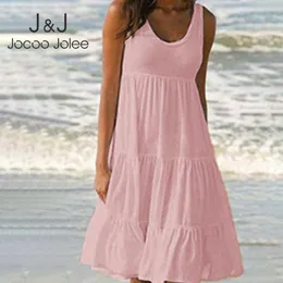 Casual Dresses Jocoo Jolee Overdimensionerad lös ärmlös O Neck Ruffles Mini Elegant Solid Beach 2023 Summer Sundress 230403